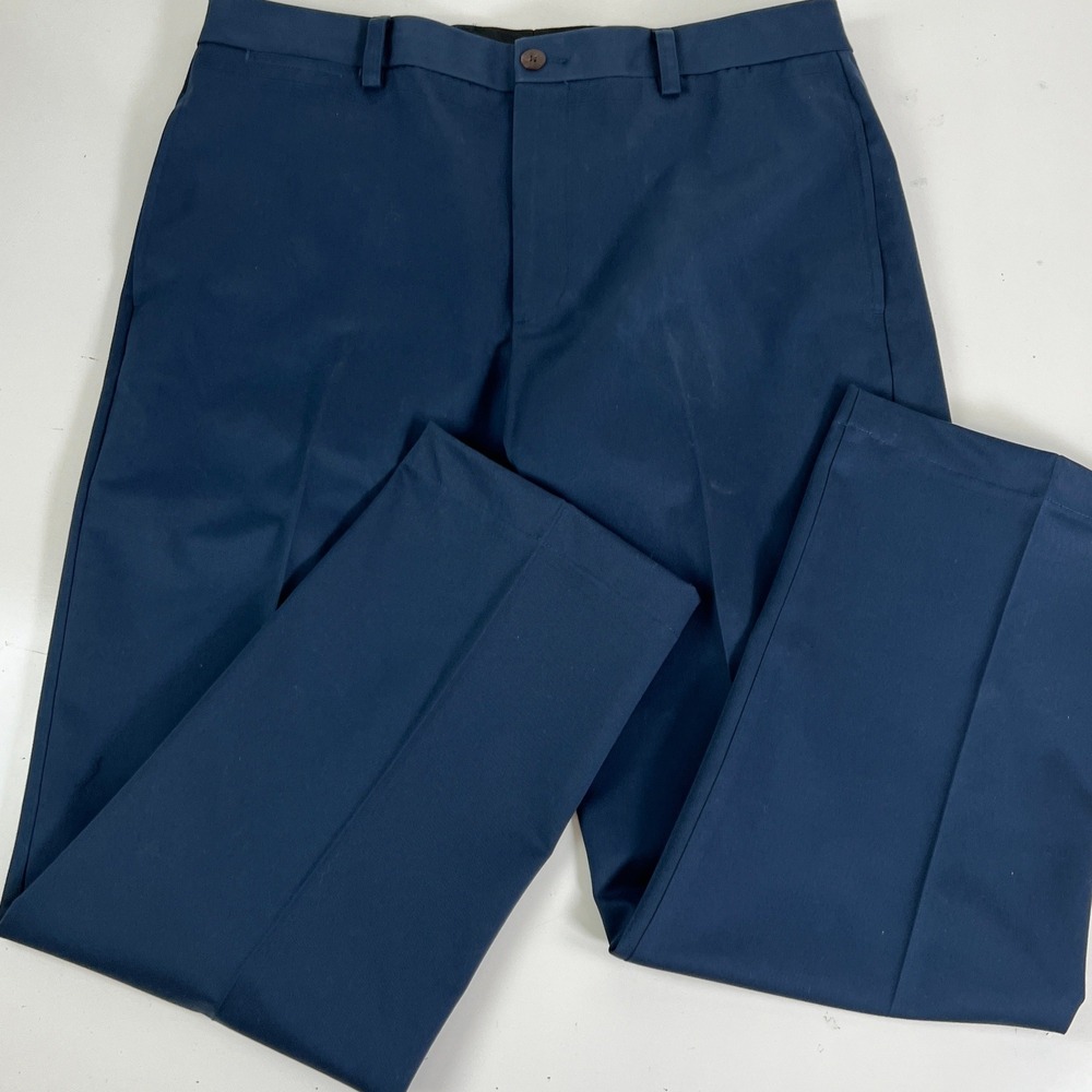 Orvis Trim Fit Mens 35 Navy Blue Chino Trousers Flat Front Straight Leg Pants